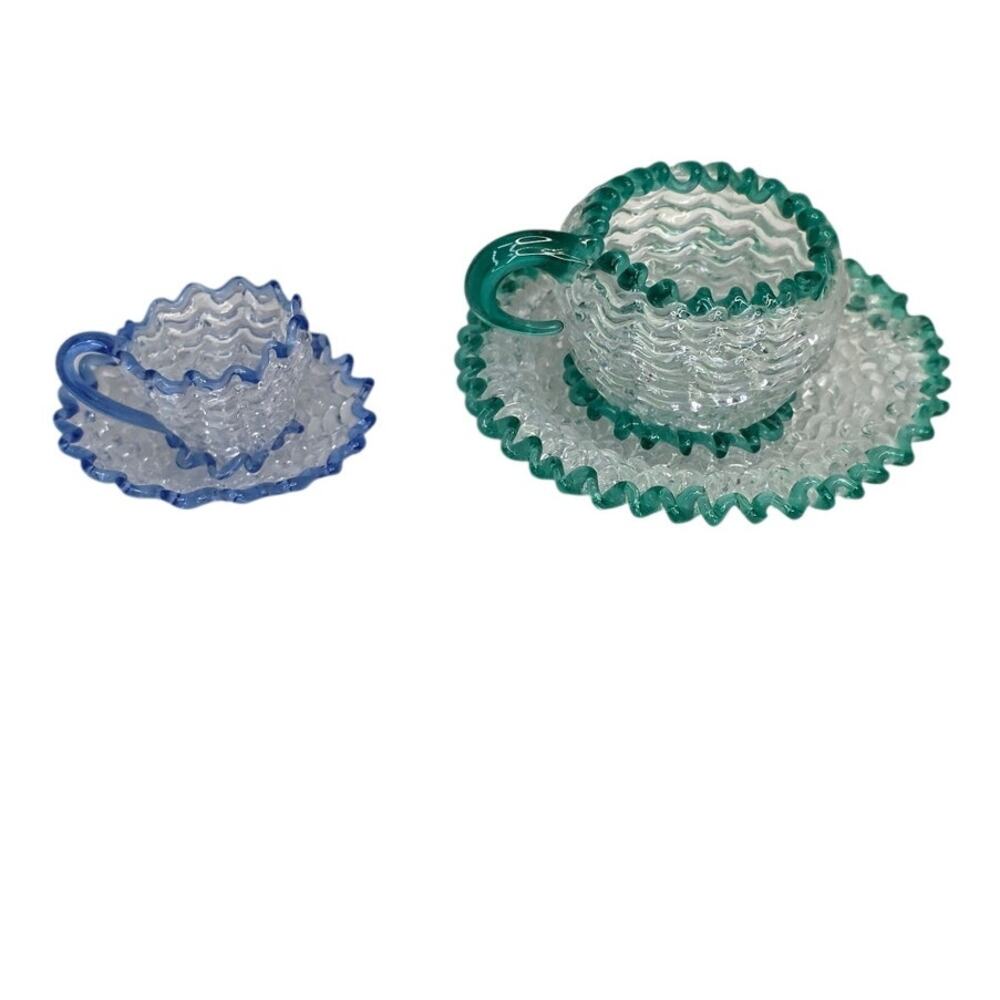 Vintage Miniature Spun Clear Glass Tea Cup & Saucer Set Ripple Look Blue- Green